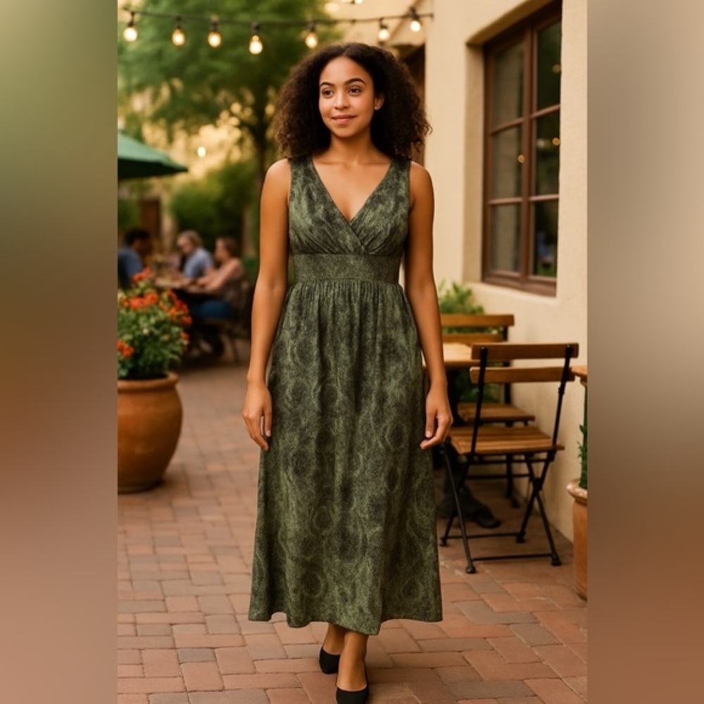 Chaudry KC Green Snake Skin Print Surplice Maxi Dress Smocked Waist NWT M #1083